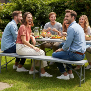 Alternative view of Zestaw cateringowy bankietowy Rattan stół 2 ławy szary